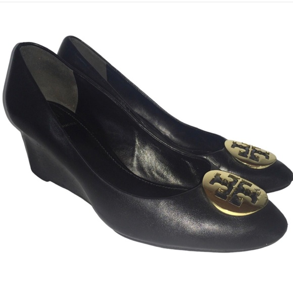 Tory Burch Shoes - Tory Burch Black Leather Wedge Pumps Gold Logo Upper Slip On Shoes Size 6.5